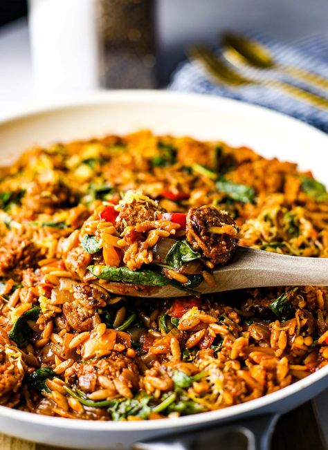 A simple and hearty one-pan pasta meal with delicious bites of Italian sausage, orzo, and tender vegetables all in a tasty marinara sauce. #yayforfood #pastarecipe #pasta #orzo #dinnerrecipes #sausage Italian Sausage And Orzo, Italian Sausage Orzo, Sausage And Orzo, Bulk Meals, Pasta Orzo, Sausage Orzo, Orzo Pasta Recipes, Pan Pasta, Italian Sausage Recipes