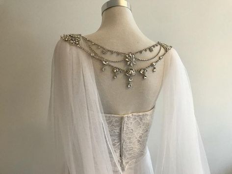 Bridal Cape Veil w/ Rhinestone Back Jewelry__120Width x | Etsy Goddess Core, Cape Veil Wedding, Tiefling Cleric, Bridal Cape Veil, Vestido Strapless, Cape Veil, V Shape Cut, Wedding Cloak, Drop Veil