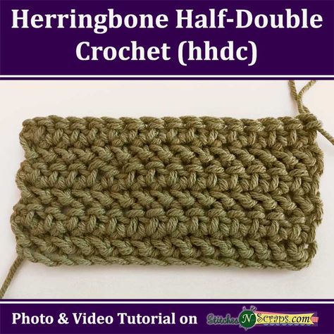 Herringbone Half Double Crochet (hhdc) tutorial on StitchesNScraps.com Hhdc Tutorial, Stitch Hacks, Herringbone Half Double Crochet, Herringbone Stitch Tutorial, Crocheting Tutorials, Crocheting Tips, Farmhouse Crochet, Crocheted Scarves, Stitches Crochet