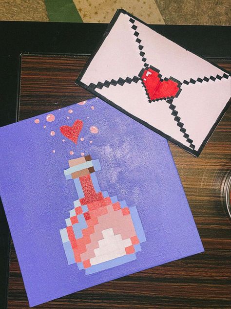 Easy Cute Paintings On Canvas Simple For Boyfriend, Minecraft Anniversary Ideas, Easy Paintings For Boyfriend Cute Ideas, Anniversary Gift Painting, Pixel Painting Canvases, Easy Love Canvas Painting, Acrylic Painting Ideas For Boyfriend, Minecraft Bee Painting, Painting Ideas Easy Simple For Boyfriend