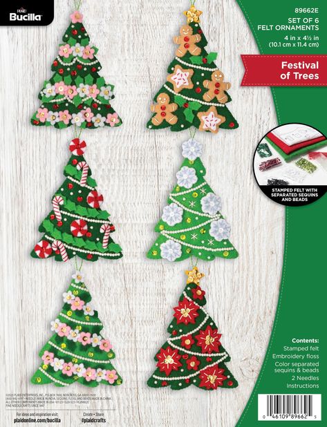 PRICES MAY VARY. BEAUTIFUL ORNAMENTS – These felt applique ornaments is the perfect addition to your tree for the holiday season. These ornaments approximately measure 4” x 4.5”. FESTIVE DESIGN – This kit features 6 beautifully decorated Christmas trees – perfect for getting into the holiday season! COMPREHENSIVE KIT – This embroidery kit includes the basic materials needed to create ornaments including pre-stamped felt, cotton embroidery floss, separated sequins and beads, 2 embroidery needles, Diy Felt Christmas Ornaments, Festival Of Trees, Sequin Ornaments, Felt Crafts Christmas, Unique Christmas Ornaments, Applique Kit, Felt Ornament, Felt Embroidery, Ornament Kit