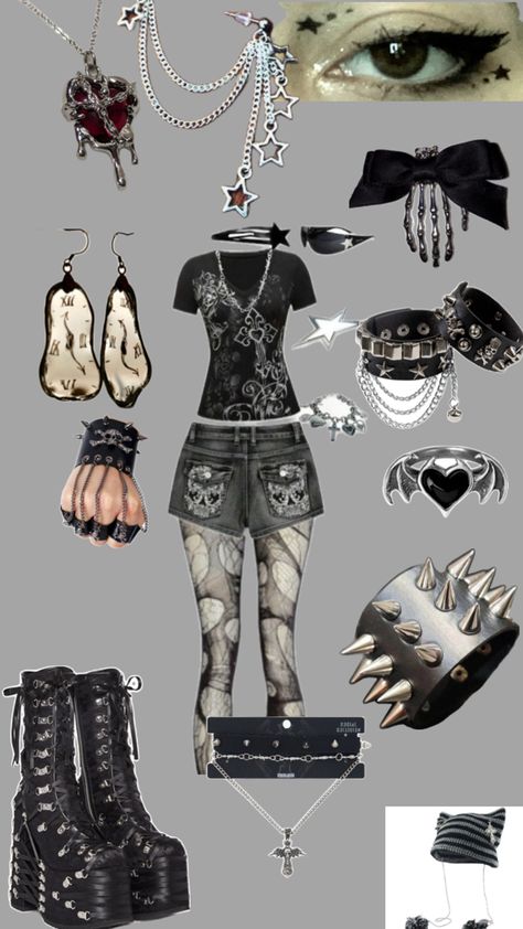 Outfit ideas Classic Emo Outfits, Punk Style Outfits Grunge, Emo Grunge Outfits Punk Rock, Pastel Emo Aesthetic, Emo Moodboard, Girly Goth Outfits, Goth Outfits For School, Grunge Emo Outfits, Goth Outfits Casual