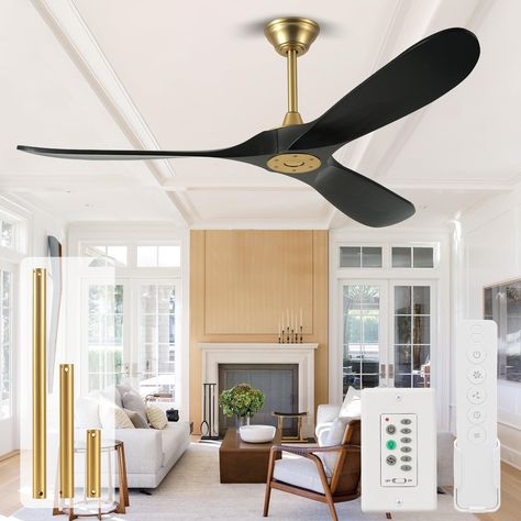 PRICES MAY VARY. ✅【Modern Wood Ceiling Fan 】 This Sleek Ceiling Fan has a blade sweep diameter of 52”. Crafted from 3 blade solid wood that helps ensure highly efficient and quiet air delivery. The wood blades coupled with a minimalist, high-performance DC motor for whisper-quiet and energy-efficient cooling. ✅【Ceiling Fan with Remote/Wall Control】 Black and gold ceiling fan no light with WALL CONTROL AND REMOTE CONTROL features 1-2-4-8H timer setting, 6 wind speeds, reversible function(forward/ Gold Ceiling Fan, Wood Ceiling Fans, Decorating 101, Industrial Ceiling, Industrial Ceiling Fan, Ceiling Fans Without Lights, Black Ceiling Fan, Ceiling Fan With Remote, Outdoor Ceiling Fans