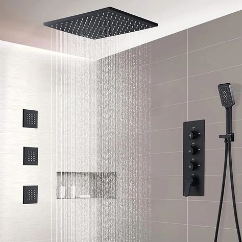 Rain Shower Head Ceiling, Bathroom Wallpaper Inspiration, Bathroom Wallpaper Trends, Bathroom Wallpaper Modern, Ceiling Shower Head, Toilet And Bathroom Design, Cheap Bathroom Remodel, Bathroom Shower Design, Plafond Design