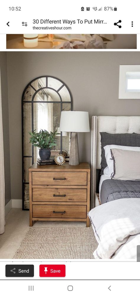 Large Bedroom Ideas Master Suite Wall Colors, Mirror And Chair Corner, Nightstands With Mirrors Behind, Bedside Mirror Ideas, Mirror Above Nightstand, Mirrors Above Nightstand, Mirrors Behind Bedside Tables, Mirrors Over Nightstands, Bedside Mirrors