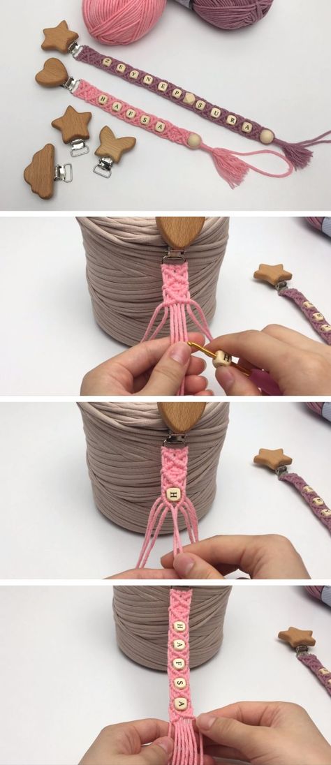 Pacifier Clip Diy Sewing, Wooden Bead Pacifier Clip Diy, Macrame Pacifier Clip Tutorial, Braided Pacifier Clip Diy, Diy Macrame Pacifier Clip Tutorial, Paci Clips Diy, Macrame Binky Clip Diy, Diy Binky Clip, Diy Pacifier Clip Tutorial