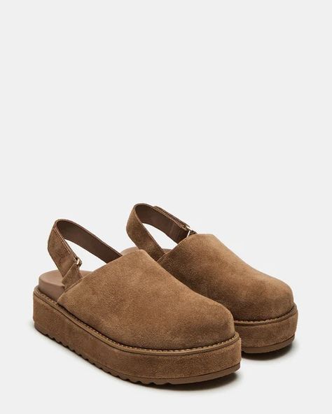 MELLOW Cognac Suede Slingback Platform Clog | Women's Flats – Steve Madden Suede Clogs, Platform Clogs, Swag Shoes, Women's Flats, Fall Shoes, Womens Clogs, Winter Shoes, Dress Sandals, Mule Clogs