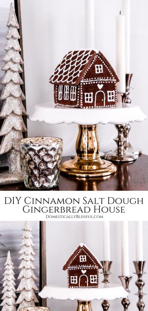 This DIY Cinnamon Salt Dough Gingerbread House will make your home smell amazing & is a beautiful keepsake that you can decorate your house with year after year. | This non-edible gingerbread house is a fun craft for adults & kids! | This faux gingerbread house is a great DIY Christmas decor for your home. | DIY Christmas decor just got more fun with this cinnamon gingerbread house tutorial! | Whether you love white Christmas decor or classy Christmas decor this gingerbread  house is adorable! Christmas Crafts For Gifts For Adults, Cinnamon Salt Dough, Ginger Bread House Diy, Salt Dough Crafts, Classy Christmas Decor, Diy Cinnamon, Make Your Home Smell Amazing, Christmas Gifts For Adults, Gingerbread Diy