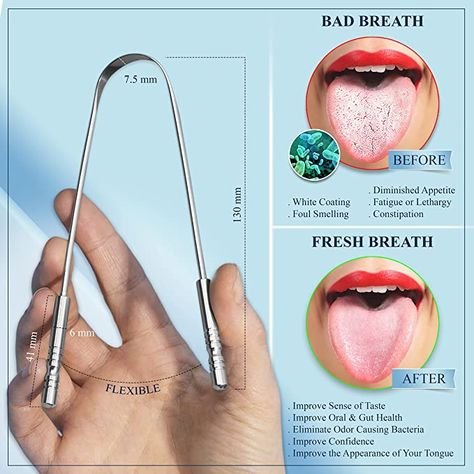 Using a tongue scraper can help remove this buildup, as well as: Improve your sense of taste. Older researchTrusted Source suggests that using a tongue scraper twice daily can improve your sense of taste. Your tongue may be able to better distinguish between bitter, sweet, salty, and sour sensations. Improve the appearance of your tongue. Buildup of excess debris can cause your tongue to take on a white, coated appearance. Daily scraping can helpTrusted Source remove this coating and prevent it White Tongue Causes, Mouth Hygiene, Tongue Scrapers, Tongue Scraper, Health Signs, Tongue Health, Tongue Cleaner, Nail Health, Dental Hygiene