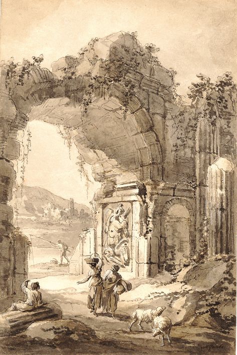 Roman Landscape with Ruins and Figures 1750-1795 by Antonio Zucchi Roman Ruins Painting, Ruins Tattoo, Rome Ruins, Roman Landscape, Greece Movie, Jordan Painting, Greek Ruins, Ruins Architecture, Fun Tattoo