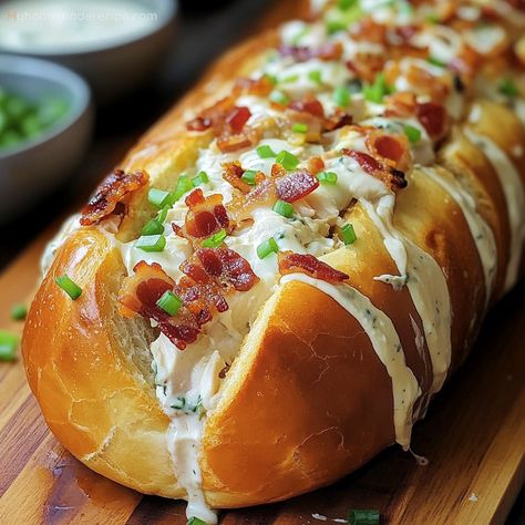 Chicken Bacon Ranch Sandwich Recipes, Chicken Bacon Ranch Stuffed Bread, Ranch Bread, Bacon Sandwich Recipes, Chicken Bacon Ranch Sliders, Chicken Bacon Ranch Sandwich, Chicken Breast With Bacon, Stuffed Bread, Bacon Sandwich