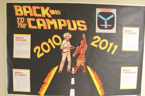 Back to the Future themed Welcome Back bulletin board Res Life Door Decs, Dorm Bulletin Boards, Res Life Bulletin Boards, Resident Assistant Bulletin Boards, Time Management College Student, November Bulletin Boards, Welcome Bulletin Boards, College Bulletin Boards, Work Bulletin Boards