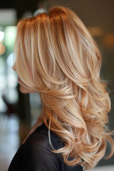 Adding a hint of color for a unique style, this golden blonde hair features subtle rose gold highlights that create a delicate and trendy look. Click to see more. Blonde Hair With Copper Lowlights, Hair Ideas For Medium, Warm Golden Blonde Hair, Dyed Hair Ideas, Gold Blonde Hair, Copper Blonde Hair, Warm Blonde Hair, Rose Gold Highlights, Red Blonde Hair