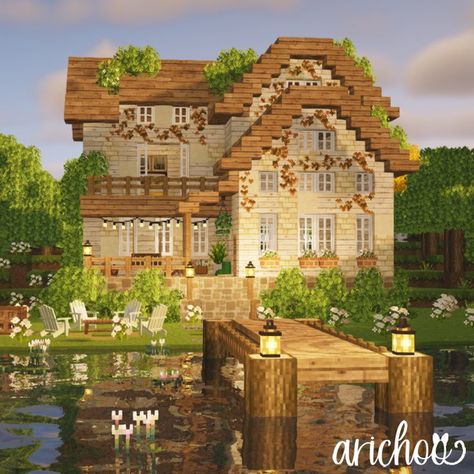 Minecraft Cottagecore House Vanilla, Minecraft Houses Aesthetic Cottage, Cottage Core Minecraft House Layout, Mizuno Minecraft, Pretty Minecraft Houses Floor Plans, Fairy Cottage Minecraft, Minecraft Houses Aesthetic, Minecraft Beautiful House, Cottagecore Lake