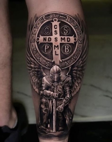 Crusader Tattoos For Men, Nights Templar Tattoo, St Benedict Medal Tattoo, Crusades Tattoo, Armour Of God Tattoo, Templar Knight Tattoo, Armor Of God Tattoo, Lion Shoulder Tattoo, Warrior Tattoo Sleeve