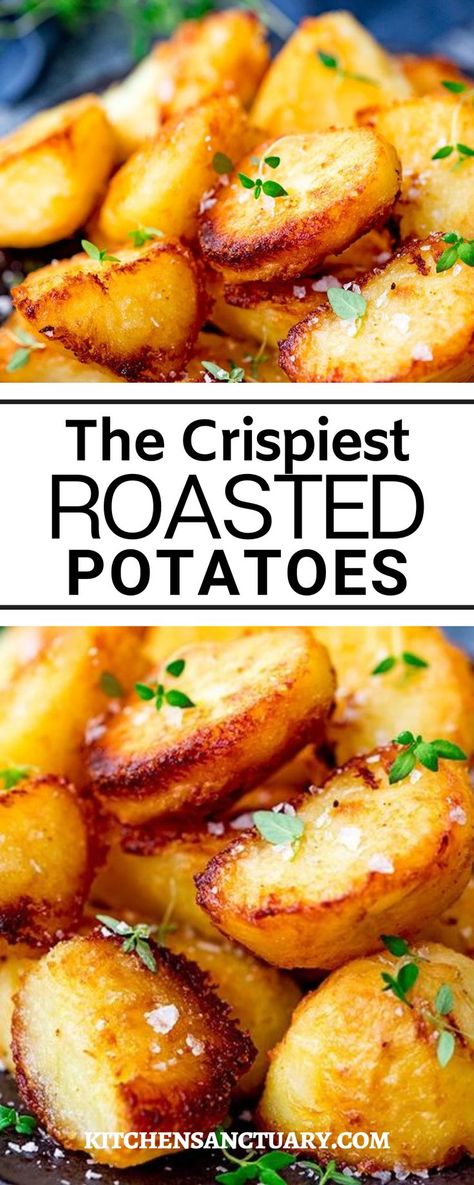 The Crispiest Roasted Potatoes you'll ever bake. When I'm roasting potatoes, I want that crunchy exterior you can only get from fluffing up those edges and letting them bubble away in hot fat, with a fluffy, light interior. And the crispy bits in the bottom of the roasting pan? I want those too. Eaten with a sprinkling of salt flakes. They're the bonus bits. Salty, crispy morsels, that crunch all the way through when you bite into them. Roasted Small Potatoes, Small Potatoes Recipe, Roasting Potatoes, Crispy Potato Bites, Savory Sweet Potato Recipes, Toasted Potatoes, Easy Roasted Potatoes, Best Roast Potatoes, Perfect Roast Potatoes