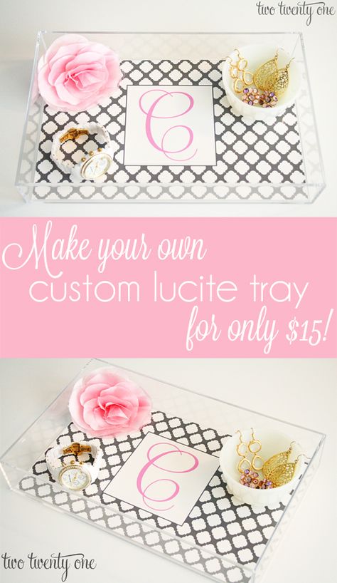 Custom lucite tray DIY - purchase an acrylic tray at Container Store and customize with a monogram laminated liner Diy Mom, Lucite Tray, Diy Tray, Tray Diy, Upcycling Ideas, A Monogram, Silhouette Ideas, Spa Party, Container Store