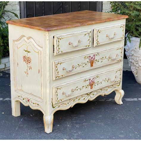 19th C Style French Country Painted Chest of Drawers Commode Floral Chest Of Drawers, Cottage Core Painted Furniture, Floral Painted Dresser, Painted Drawers Ideas, Dresser Painting Ideas, Painted Dresser Ideas, French Country Dresser, Dresser Painting, Corner Dresser