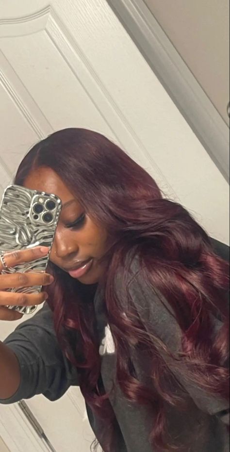 Sew In Hairstyles Burgundy, Burgundy Envy Hair Color, Burgundy Red Sew In, Maroon Sew In Weave, Burgundy Hair Sew In, Dark Red On Black Women, Dark Cherry Red Hair Black Women, Deep Red Hair On Black Women, Dark Red Sew In Weave Black Women