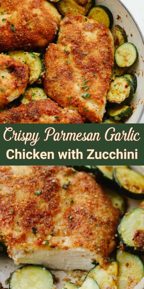 Crispy Parmesan Garlic Chicken with Zucchini, dinner recipes, main dish recipes, main course, chicken recipes Garlic Parmesan Chicken And Veggies, Chicken And Zucchini Dinner Ideas, Zucchini Chicken Parmesan, Keto Chicken And Zucchini Recipes, Chicken Breast Recipes With Zucchini, Zucchini Recipes Chicken, Parmasean Chicken Casserole Recipe, Chicken Broccoli Zucchini Recipes, Recipes With Chicken And Zucchini