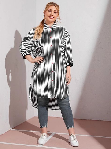 Plus Drop Shoulder Dip Hem Striped Blouse for Sale Australia| New Collection Online| SHEIN Australia Plus Size Hijabi Outfits, Kurti With Jeans, Big Size Fashion, Kurti Style, Cat Profile, Kameez Designs, Fancy Kurti, Cotton Kurti Designs, Chiffon Dress Long