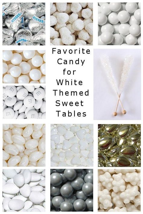 Most favorite candy for a white themed candy buffet, candy table or sweet table. White Candy Table, White Candy Buffet, Wedding Candy Table, White Party Theme, Baby Shower Sweets, Bar A Bonbon, Candy Buffet Wedding, Candy Buffet Tables, Candy Bar Wedding