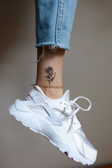 Simple Ankle Tattoos, Little Rose Tattoos, Rose Tattoos For Women, Pink Tattoo, Ankle Tattoos For Women, Small Rose Tattoo, Cat Tattoos, Tiny Tattoo, Rose Tattoo Design