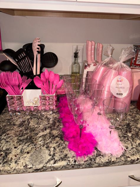 All Pink Slumber Party, Pink Pajama Party Decorations, Play Boy Party Decoration, Pink House Party Decorations, 17 Shades Of Pink Party, Playboy Bunny Party Theme Decor, Air Bnb Birthday Decorating Ideas, Pink Hotel Party, Pretty In Pink Birthday Party Decorations