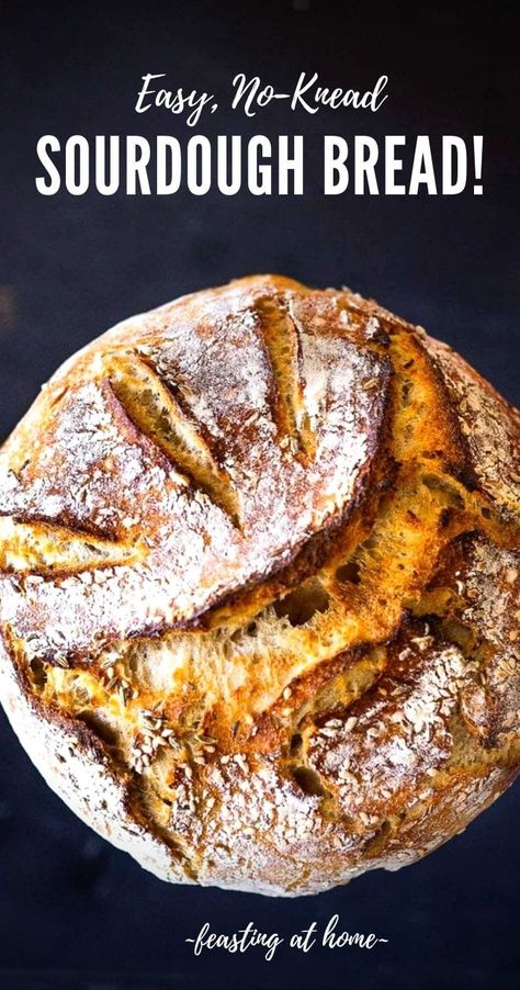 An EASY recipe for No-Knead Sourdough Bread that rises overnight and is baked in the morning. #sourdough #yeastless Sourdough Rye Bread, Easy Sourdough Bread Recipe, Whole Wheat Sourdough, Sourdough Starter Discard Recipe, Discard Recipes, Homemade Sourdough Bread, Artisan Bread Recipes, Sourdough Starter Recipe, Sourdough Discard