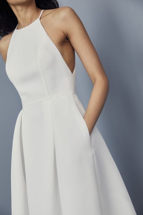 White Dress With Pockets, Halter Neck Short Wedding Dress, Short Wedding Dress With Pockets, White Dresses For Women Wedding, Simple White Dress For Civil Wedding, White Cocktail Dress Wedding, Simple White Dress Classy, Simple Civil Wedding Dress Classy, White Cocktail Dress Classy