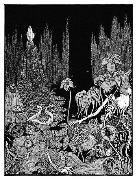 In a landscape made of sprawling vegetation, grim-looking animals, and tall trees, a figure stands at the top of a pyramid bearing the word silence on its side Dinner Meatless, Tales Of Mystery And Imagination, Brothers Grimm Fairy Tales, Harry Clarke, Imagination Art, Aubrey Beardsley, Classic Art Prints, Allen Poe, Edgar Allen Poe