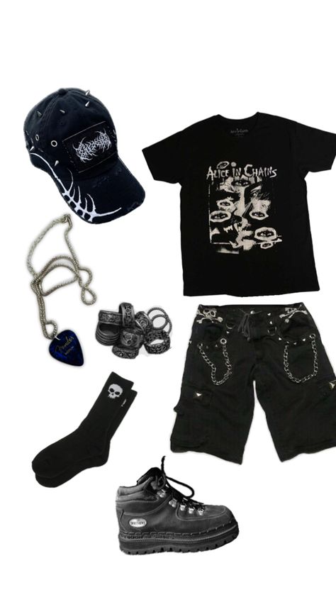 Masc grunge outfit 90 Grunge Outfits Men, Male Mall Goth Outfits, Masc Grunge Outfits Summer, Masc Aesthetic Outfit, Alternative Masc Outfits, Male Grunge Fashion, Trans Masc Clothes, Goth Masc Outfits, Trans Male Outfits