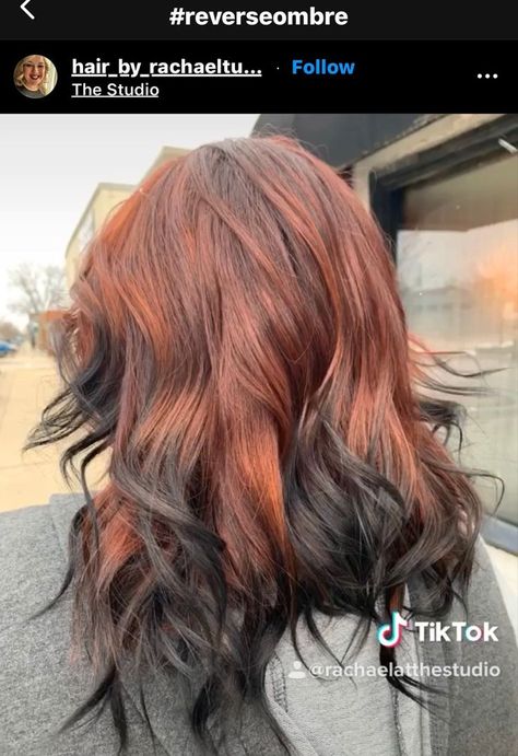 Ginger To Black Hair, Ginger Hair Black Underneath, Long Copper Hair With Highlights, Copper Hair With Black Underneath, Ginger With Dark Highlights, Copper Hair With Black Money Piece, Natural Red Hair With Black Underneath, Red Fox Hair Color, Brown And Red Color Block Hair