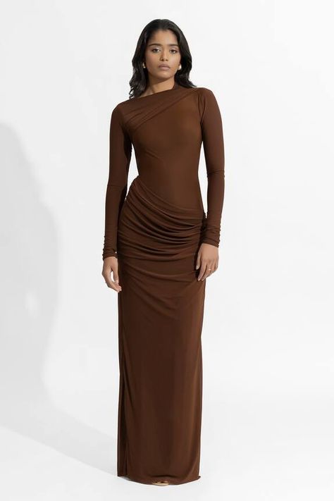 Brown pleated draped dress with cowl back and cross straps. - Aza Fashions Dress To Jumpsuit, Brown Maxi Dress, Fitted Gown, Brown Maxi Dresses, Fitted Gowns, Happy Clothes, Off Shoulder Gown, Party Fits, Brown Fits