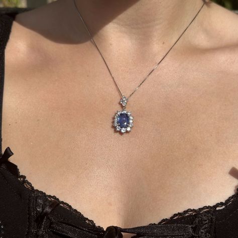 New in! A marvellous sapphire diamond pendant necklace boasting a deep-blue cushion cut sapphire in the centre, weighed at 2.91 carats. It’s complemented by a frame of twelve bright, clean brilliant-cut diamonds and four more on the bale above. They have excellent VS1 clarity - H colour and total 2.57 carats. The pendant is fashioned in 900 platinum and features a fancy, basket under-gallery on the reverse, stamped with the stone weights. It’s accompanied by a silky box chain to display it ... Diamond Locket, Sapphire Diamond Pendant, No Code, Blue Cushions, Layered Jewelry, Sapphire Necklace, Sapphire Jewelry, Precious Gems, Diamond Pendant Necklace