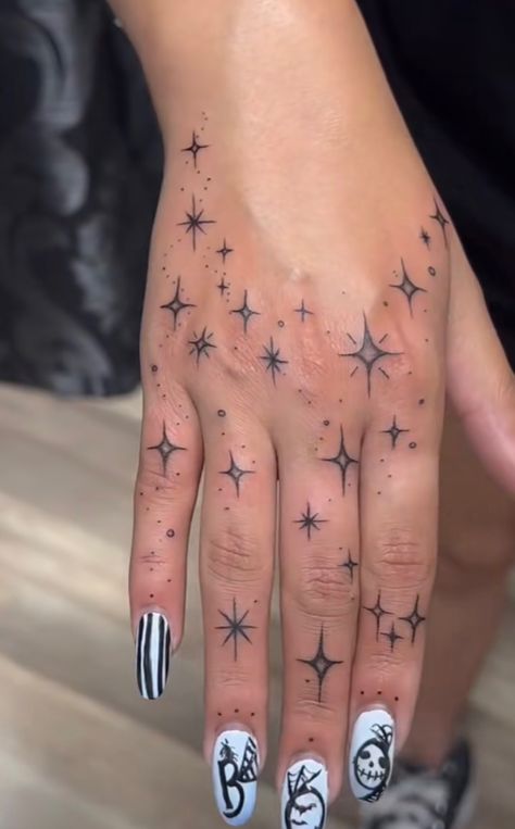 Hand Sparkle Tattoos For Women, Sparkle Hand Tattoos For Women, Hand Star Tattoos For Women, Finger Sparkle Tattoo, Hand Stars Tattoo, Hand Star Tattoo, Stars On Hand Tattoo, Stars Hand Tattoo, Sparkle Hand Tattoo