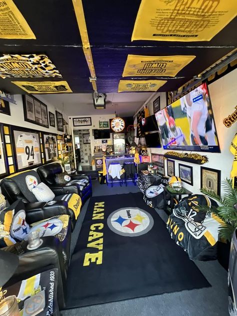 DIY Garage Bars, Man Caves & More | Single Car Garage turned into Steeler Man Cave | Facebook Garage Turned Into Man Cave, Steelers Man Cave Ideas, Single Car Garage Ideas, Garage Makeover Man Cave, Garage Ideas Man Cave, Garage Bars, Single Car Garage, Mancave Garage, Diy Garage Bar