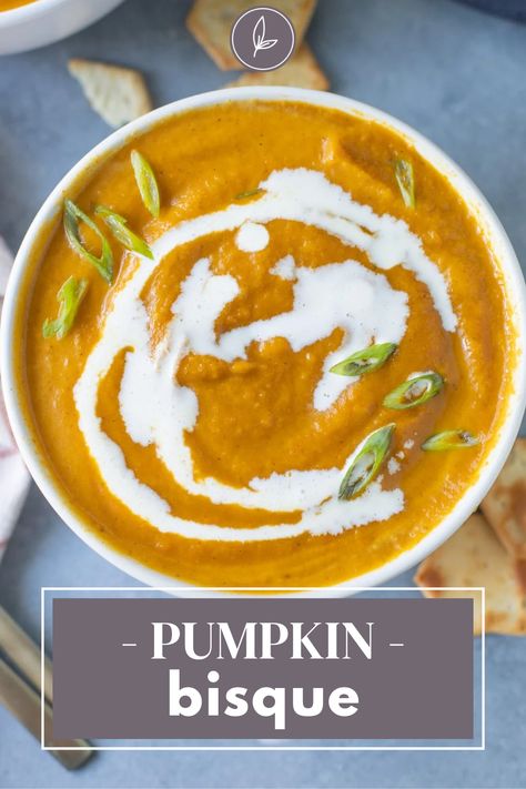 This delicious Creamy Pumpkin Bisque Recipe is so easy to make in your instant pot, slow cooker or on the stove! Healthy and vegan - it's homemade with canned pumpkin. Vegan Pumpkin Bisque, Spiced Pumpkin Bisque, Pumpkin Bisque Recipe, Soup With Pumpkin Puree, Pumpkin Bisque Soup, Blender Soups, Gf Soups, Creamy Pumpkin Soup Recipe, Pumpkin Soup Healthy