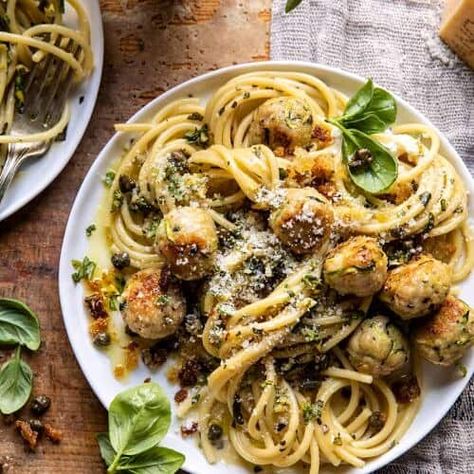 Zucchini Parmesan Chicken Meatballs with Lemon Pasta Carbonara - Half Baked Harvest Half Baked Harvest Chicken, Parmesan Chicken Meatballs, Zucchini Parmesan, Half Baked Harvest Recipes, Parmesan Meatballs, Tomato Basil Pasta, Pasta Casera, Pasta Carbonara, Parmesan Zucchini