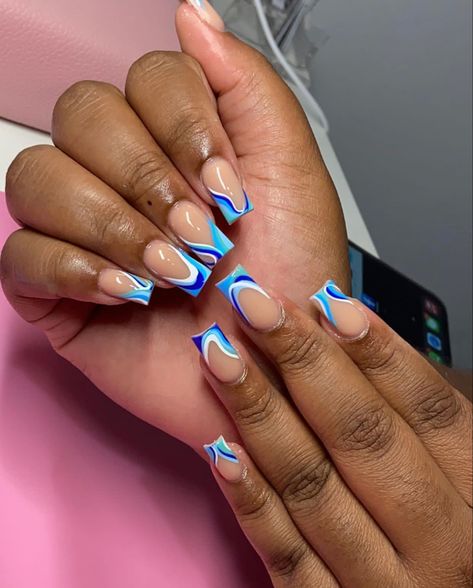 White French Tip Nails With Blue Design, Caribbean Blue Nails, Blue French Tip Designs, Blue Vacation Nails, Design French Tip Nails, Acrylic Toe Nails, Acrylic Nail Set, Long Acrylic Nail Designs, Diy Acrylic Nails