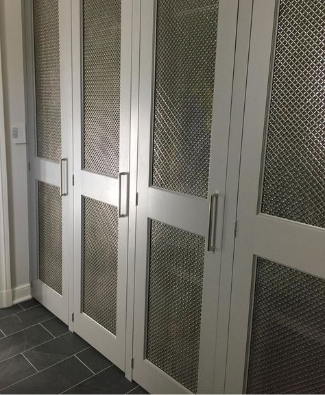 Mesh grille closet doors inset chicken wire Screen Door Closet Doors, Wire Mesh Pantry Doors, Furnace Closet Ideas, Vented Closet Doors, Vented Pantry Door, Ventilated Pantry Door, Mesh Wardrobe Doors, Furnace Door Ideas, Utility Closet Door Ideas