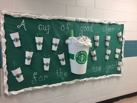 Cup Of Pep Talk Bulletin Board, Teacher Name Bulletin Board Ideas, Coffee Cup Bulletin Board, Coffee Theme Bulletin Board, Starbucks Bulletin Board Ideas, Starbucks Bulletin Board, Mug Bulletin Board, Coffee Shop Bulletin Board Ideas, Coffee Bulletin Board Ideas