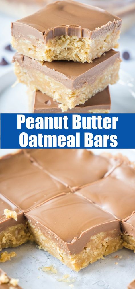 Peanut Butter Oatmeal Bars - This peanut butter cookie bars loaded with lots of oatmeal and topped with a peanut butter chocolate frosting that makes them over the top delicious! Peanut Butter Bars With Oats, Easy Snacks For Work Party, Bake The Perfect Cookie, Peanut Butter Mountain Bars, Oatmeal Recipes Dessert, Peanut Butter Blossom Bars, 8x8 Dessert Recipes, Butter Chocolate Frosting, Pb Bars