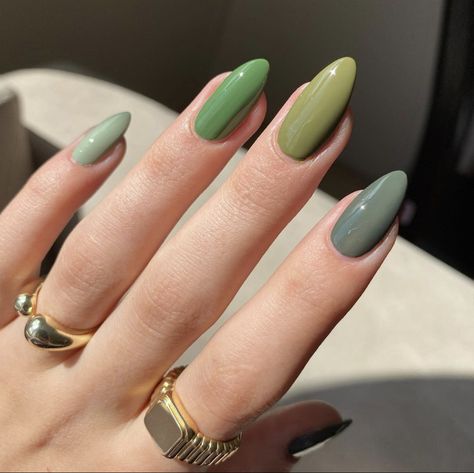 Cute Almond Nails Green, Multi Shade Nails Green, Nails Shades Of Green, Multiple Green Nails, Green Tone Nails, Multicolor Green Nails, Nail Inspiration Multicolor, Green Monochrome Nails, Different Color Green Nails