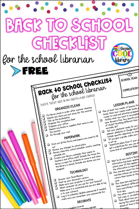 Back to school checklist for school librarians - Download this free and editable school library checklist to help you get ready for a new school year. #backtoschool #schoolyear #school #teaching #librarian #library #schoollibrarian #libraryresources #librarychecklist Checklist For School, Librarian Ideas, Back To School Highschool, School Library Lessons, Work Shops, Library School, Back To School Checklist, Elementary School Library, School Checklist