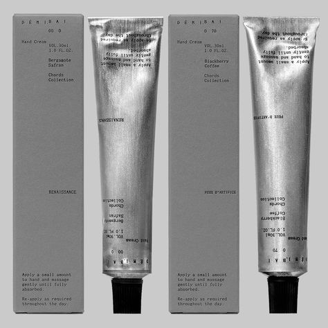 Han Gao’s design for Démi Bai uses cold metallics, tiny type and a systematic grid, to embrace the product’s natural transformation through use. Hand Cream Packaging, Layout Editorial, Brand Identity Package, Raw Color, Identity Package, Volcanic Rock, New Energy, Design Language, Graphic Design Branding