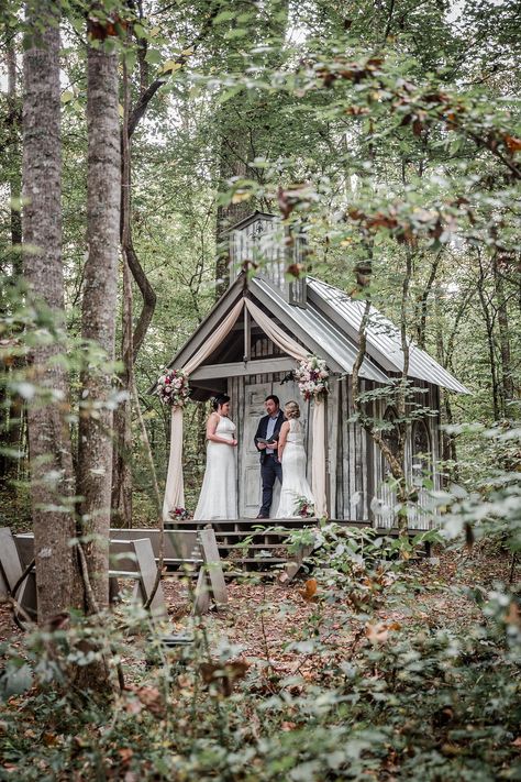 Woodland adventure elopement at Chapel in the Hollow Chapel In The Woods Wedding, Gatlinburg Wedding Elope, Backyard Chapel, Small Chapel Wedding, Tiny Churches, Beautiful Chapels, Tiny Chapel, Wedding Field, Wineries Architecture