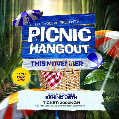 Flyer Design For Picnic Hangout Picnic Flyer Design, Hangout Flyer Design, Homecoming Flyer Ideas, Picnic Background, Picnic Design, Graphics Board, Photoshop Lessons, Park Games, Snapchat Streaks