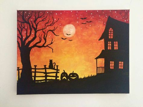 Haunted house Haunted House Painting, Halloween Canvas Paintings, Pumpkin Painted, Creative Pumpkin Painting, Halloween Garden Flag, 2nd Grade Art, Silhouette Painting, Simple Canvas Paintings, Halloween Painting