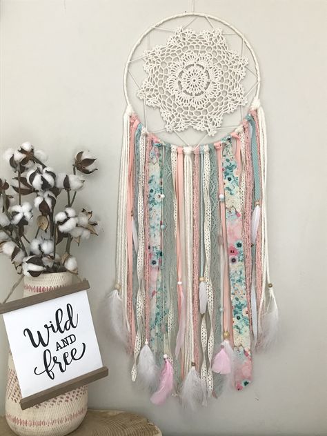 Dream Catcher For Nursery, Josie Wren, Yellow Baby Room, Dream Catcher Wall Decor, Dreamcatcher Nursery, Feather Nursery, Boho Style Nursery, Boho Crafts, Blue Dream Catcher